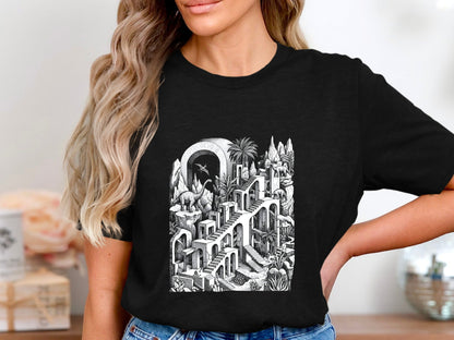 Surreal Dinosaur Stairs T-Shirt - Escher Inspired Fine Art