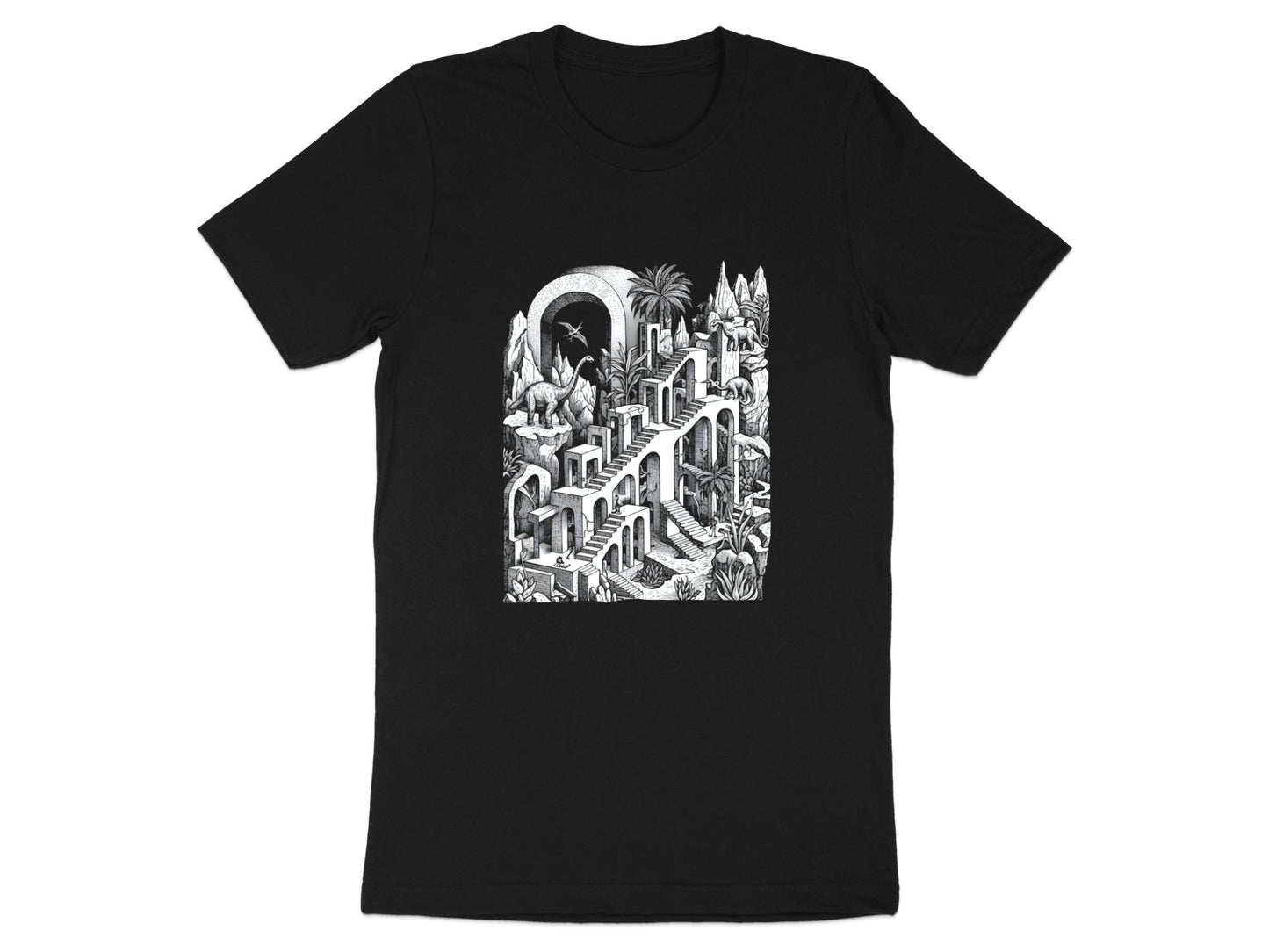 Surreal Dinosaur Stairs T-Shirt - Escher Inspired Fine Art