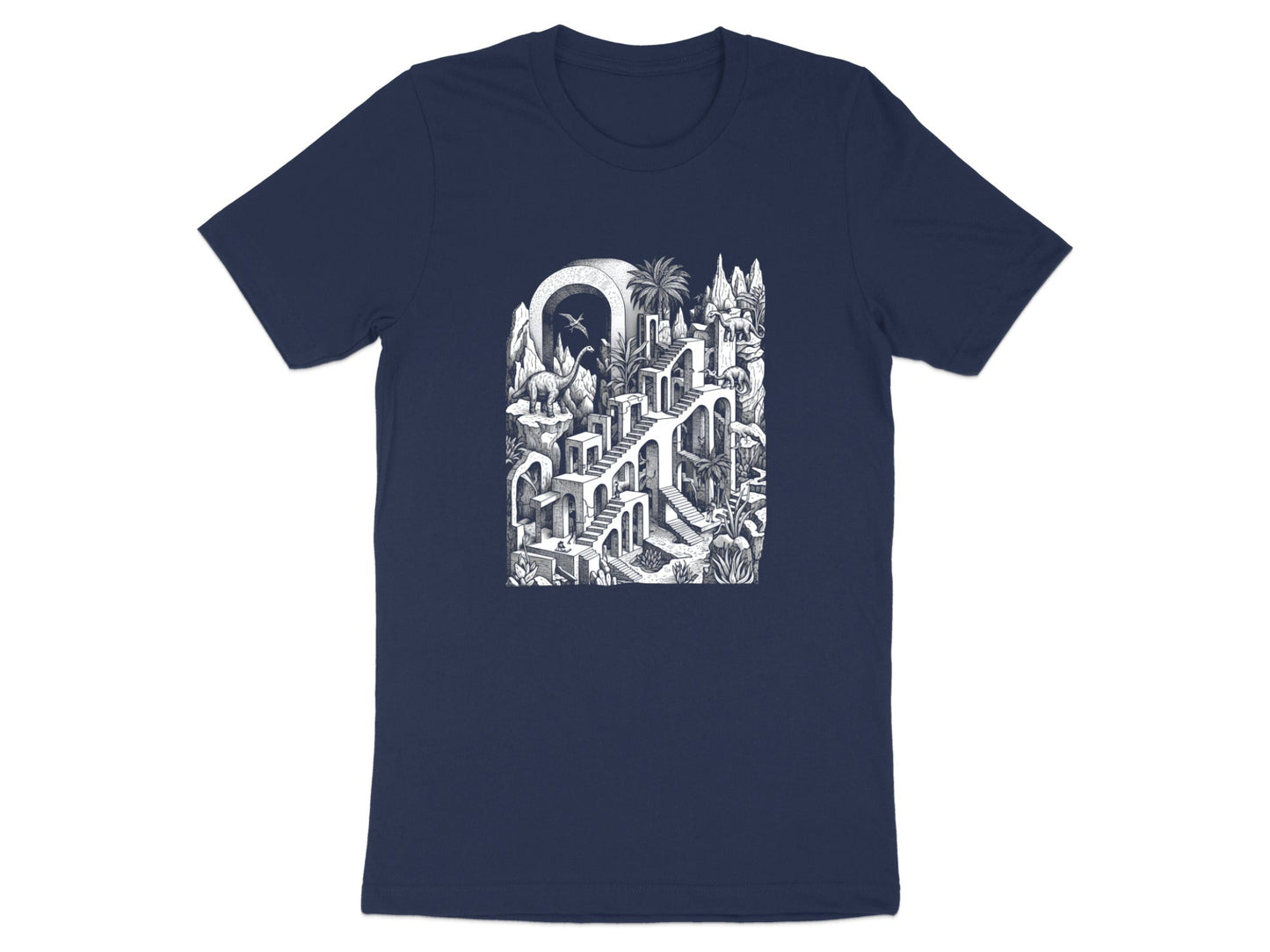 Surreal Dinosaur Stairs T-Shirt - Escher Inspired Fine Art