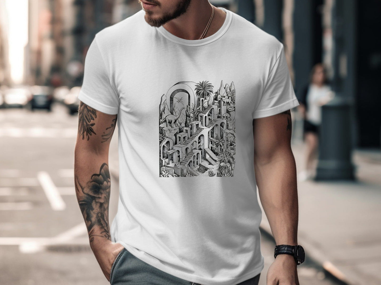 Surreal Dinosaur Stairs T-Shirt - Escher Inspired Fine Art