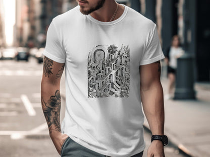 Surreal Dinosaur Stairs T-Shirt - Escher Inspired Fine Art
