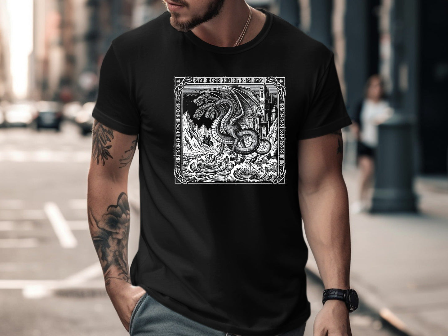 Three-Headed Dragon Medieval Woodcut Tee