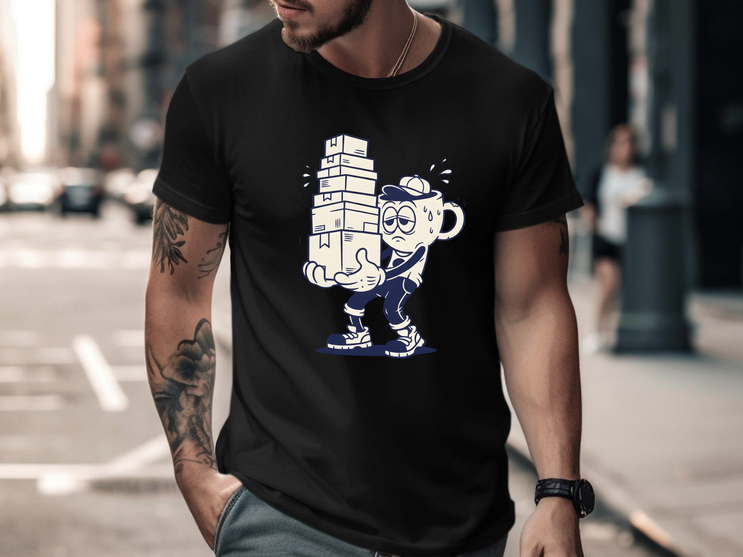 Tired Coffee Mug Character T-Shirt - Retro Cartoon Work Tee