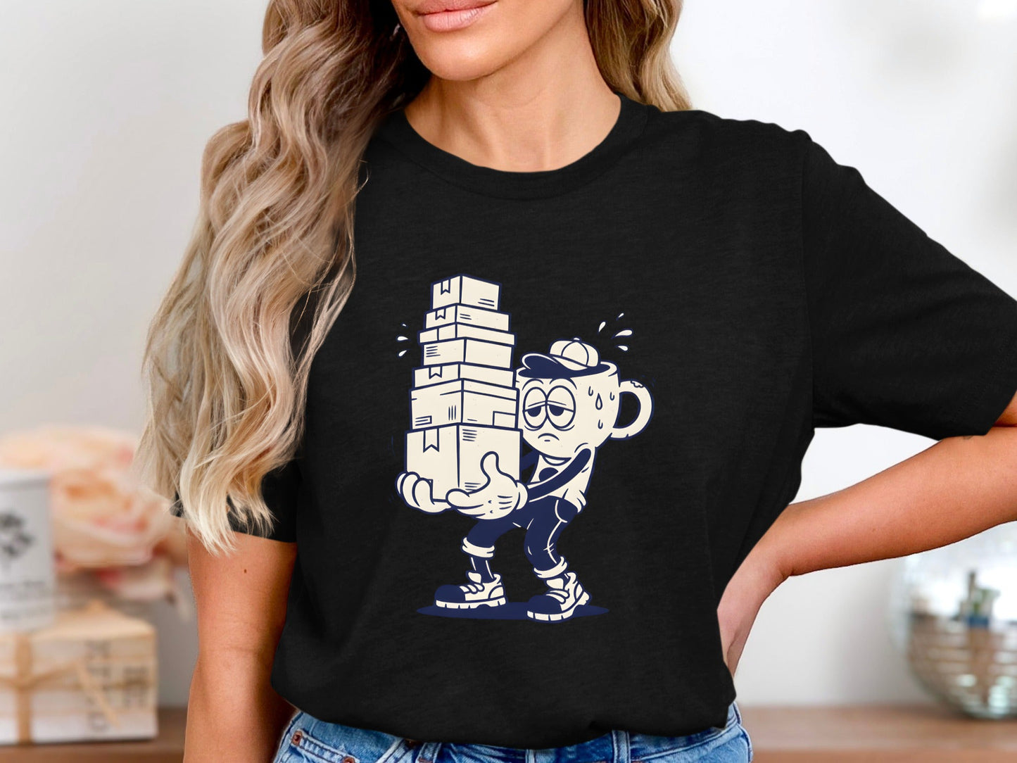 Tired Coffee Mug Character T-Shirt - Retro Cartoon Work Tee