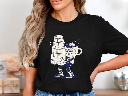 Tired Coffee Mug Character T-Shirt - Retro Cartoon Work Tee