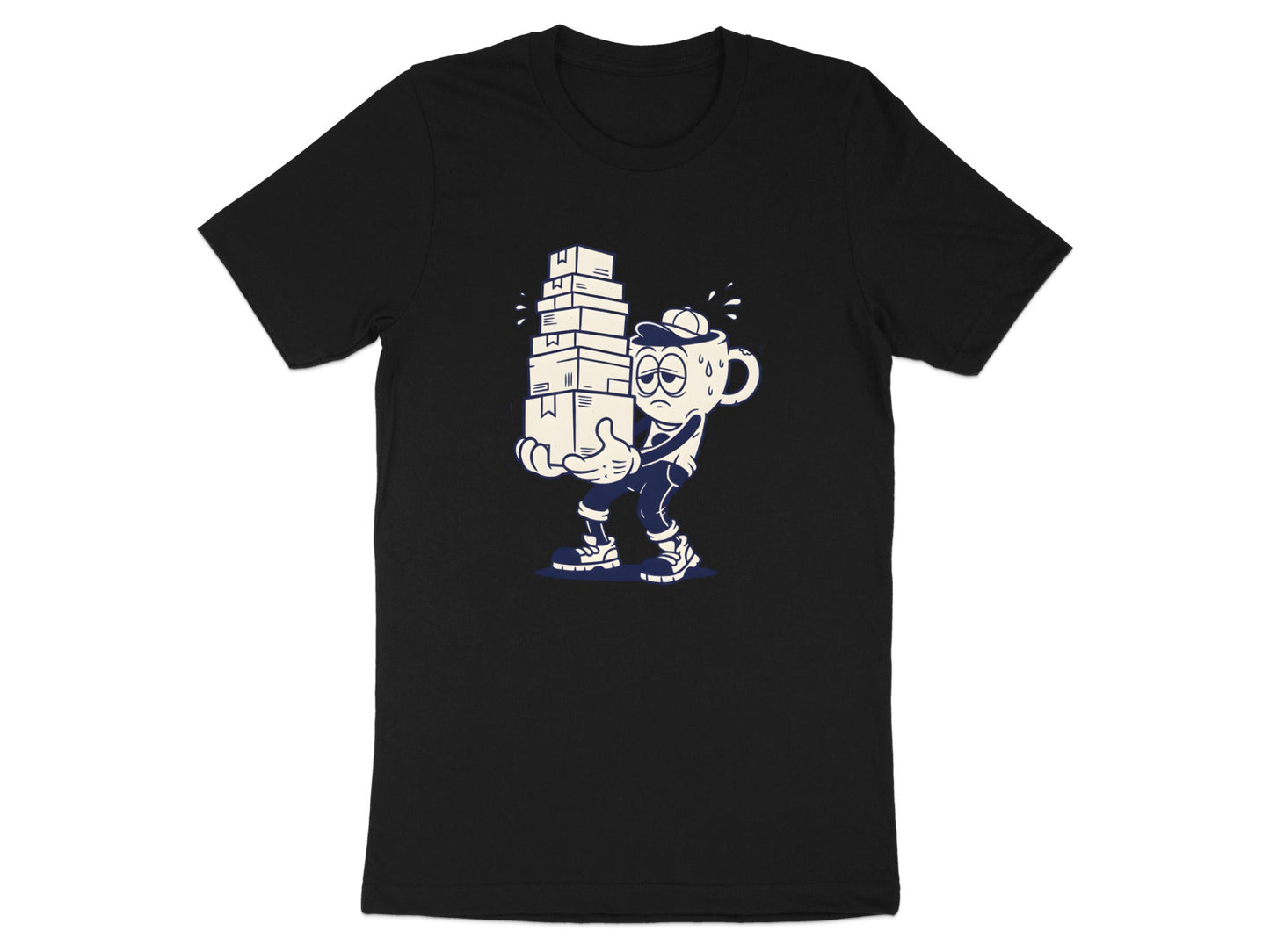 Tired Coffee Mug Character T-Shirt - Retro Cartoon Work Tee