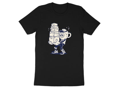 Tired Coffee Mug Character T-Shirt - Retro Cartoon Work Tee