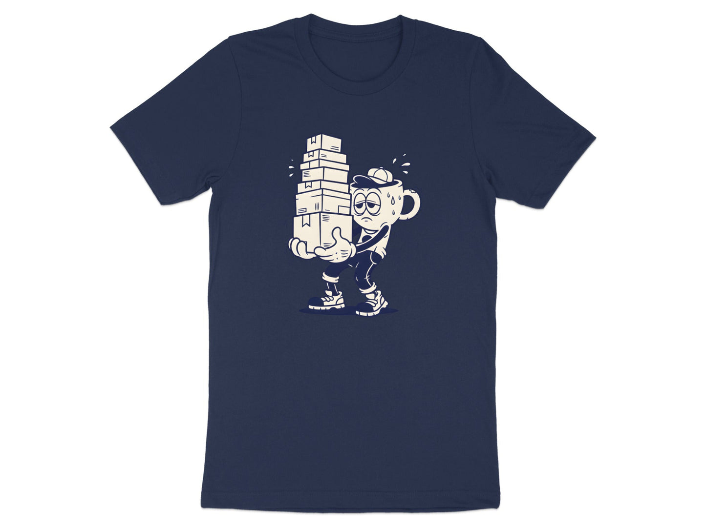 Tired Coffee Mug Character T-Shirt - Retro Cartoon Work Tee