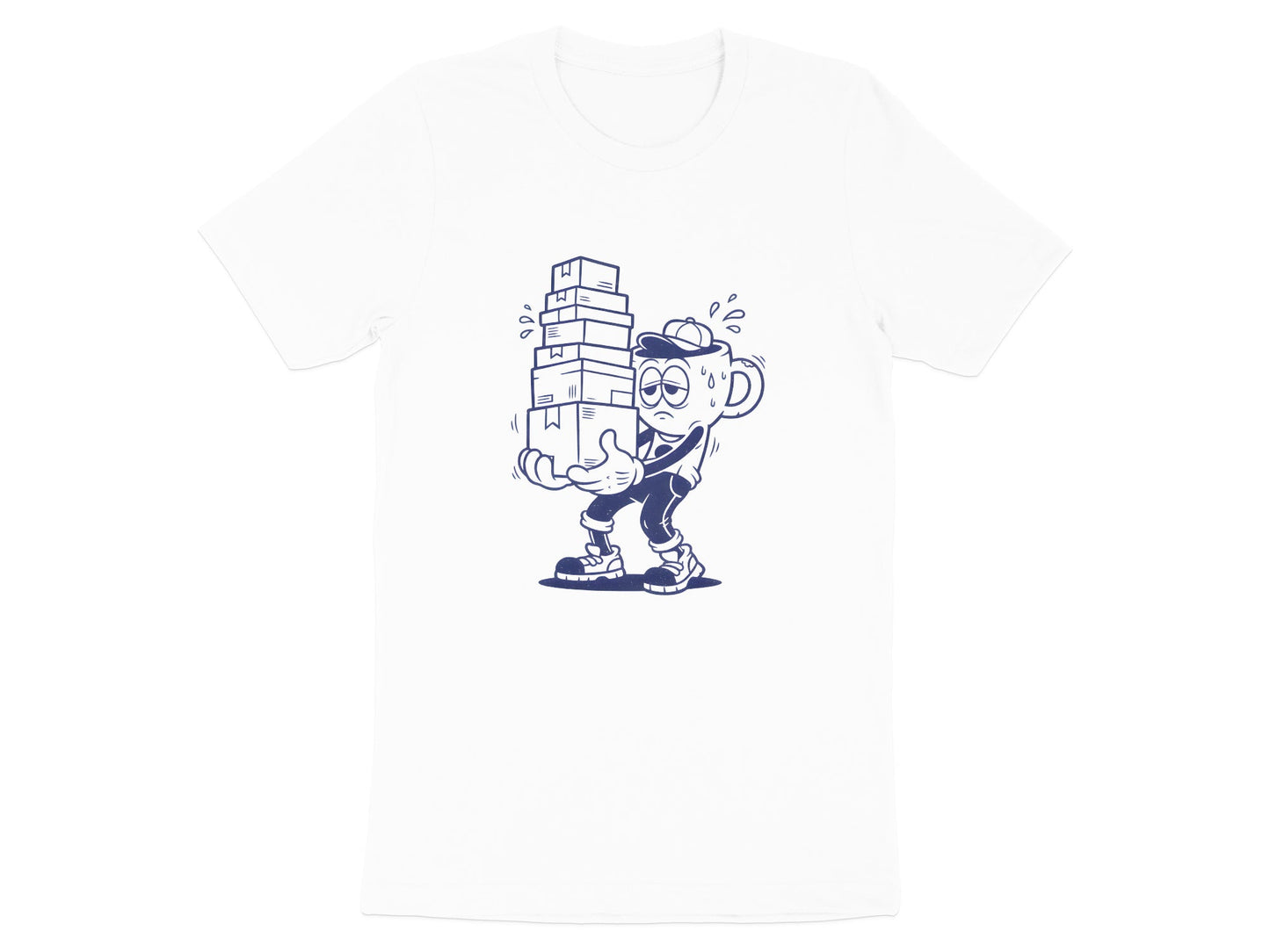Tired Coffee Mug Character T-Shirt - Retro Cartoon Work Tee