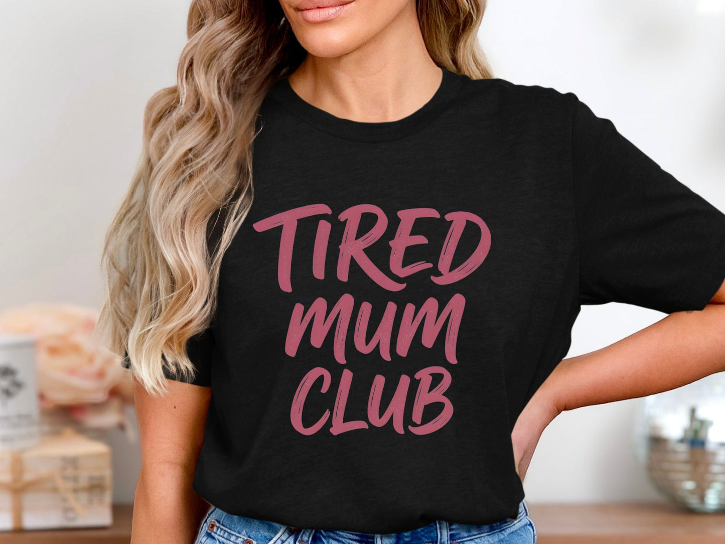 Tired Mum Club Script Tee - Minimalist Pastel Mauve Shirt