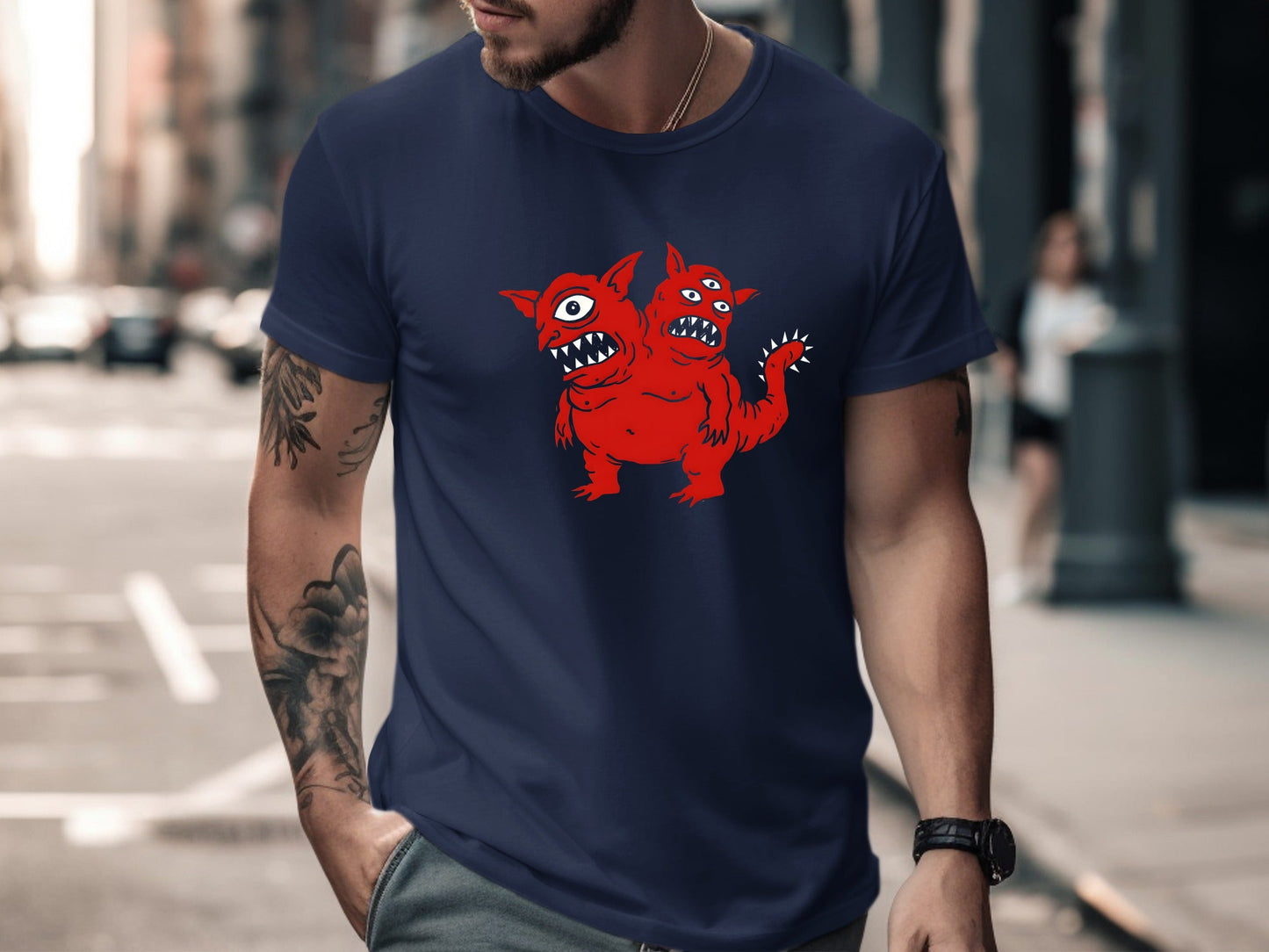 Two-Headed Red Kaiju Monster Graphic Tee
