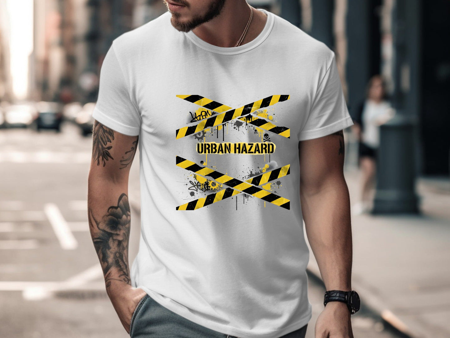 Urban Hazard Caution Tape Graffiti T-Shirt - Streetwear  Tee