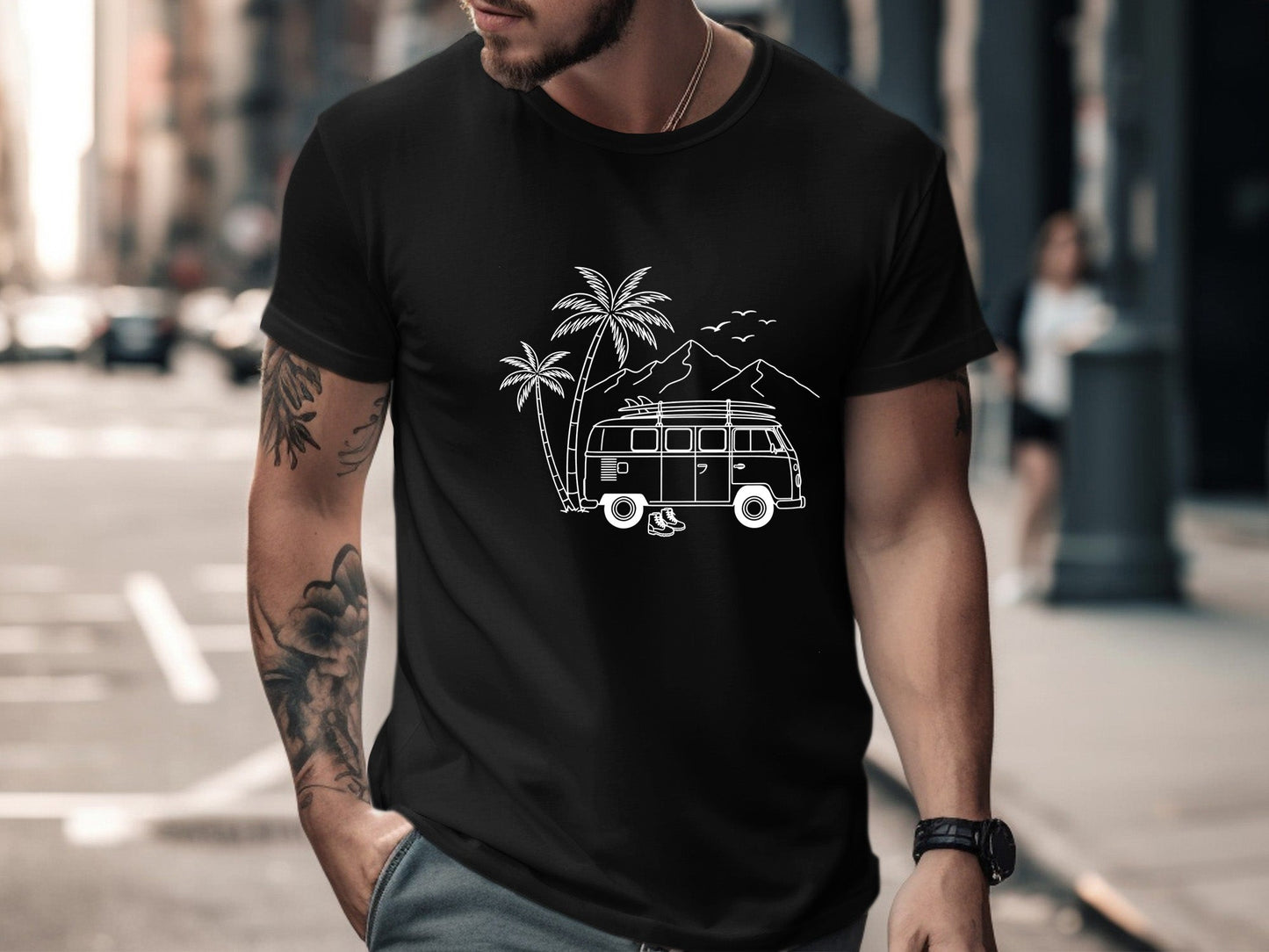 Coastal Vanlife Line Art Minimalist Camping T-Shirt