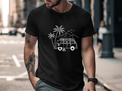 Coastal Vanlife Line Art Minimalist Camping T-Shirt
