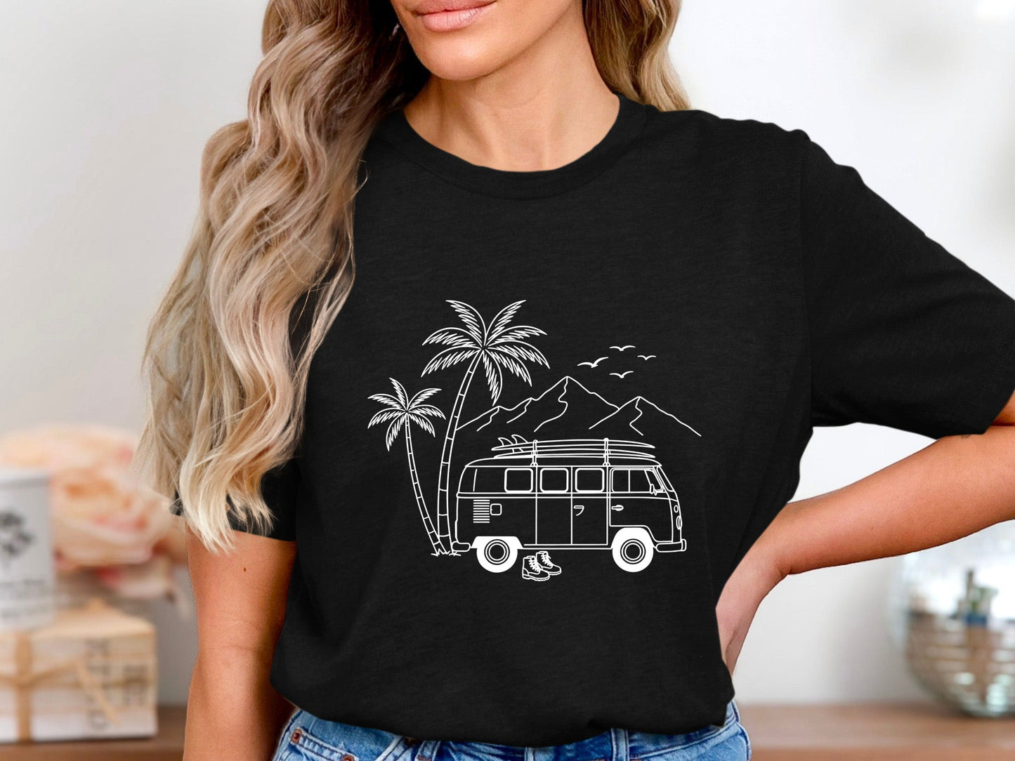 Coastal Vanlife Line Art Minimalist Camping T-Shirt