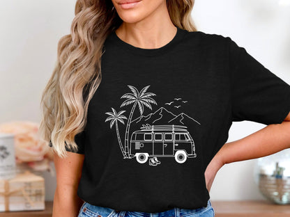 Coastal Vanlife Line Art Minimalist Camping T-Shirt