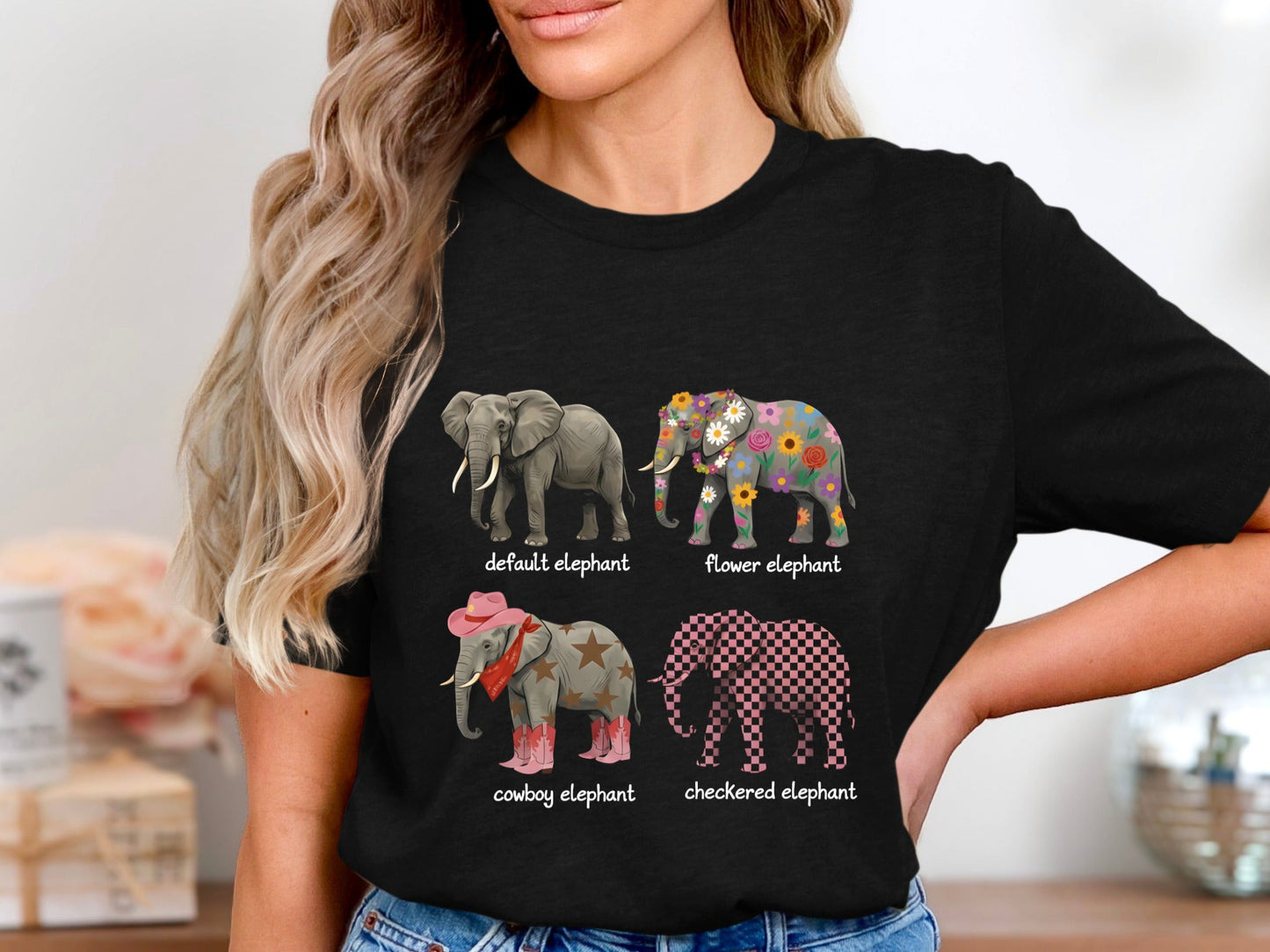 Various Elephant Designs T-Shirt - Flower, Cowboy & Checkered