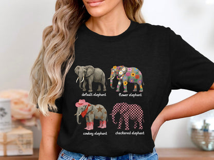 Various Elephant Designs T-Shirt - Flower, Cowboy & Checkered