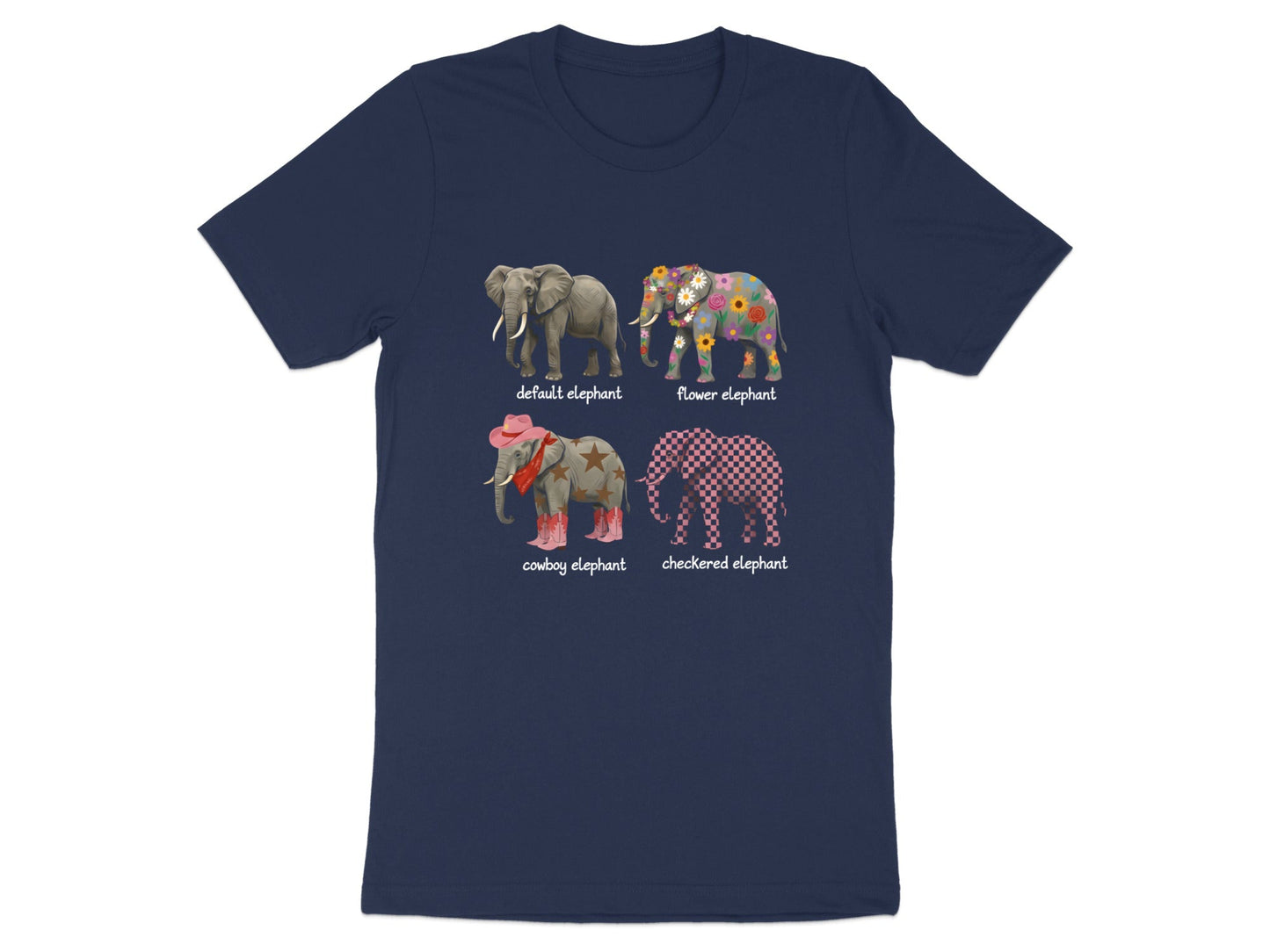 Various Elephant Designs T-Shirt - Flower, Cowboy & Checkered
