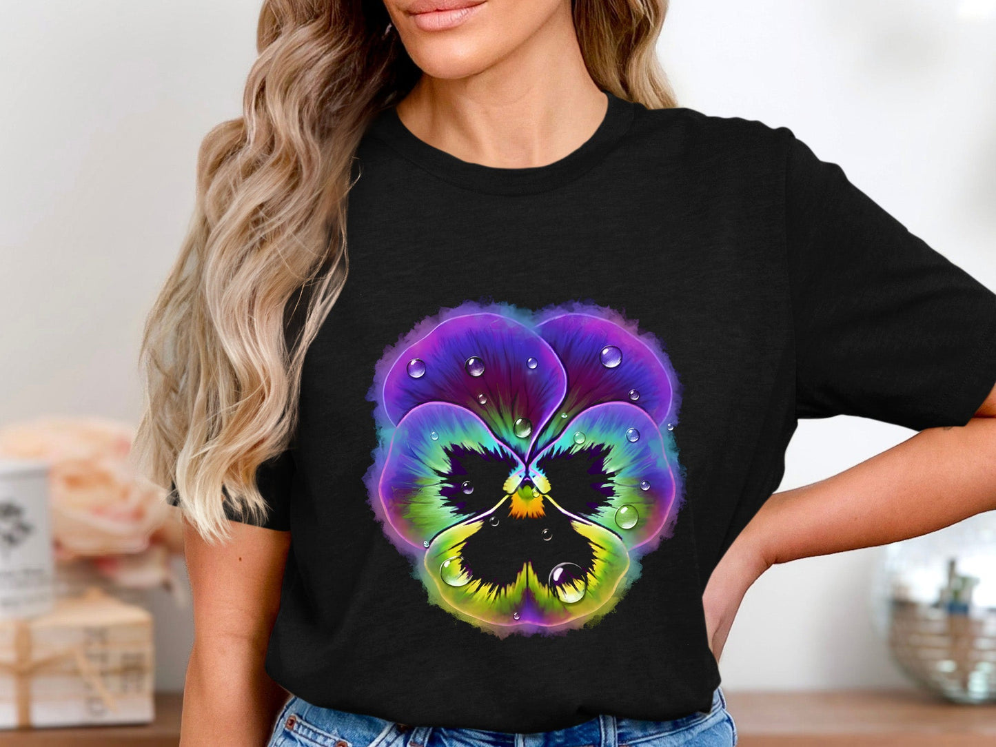 Psychedelic Dew Drops Neon Pansy cotton T-Shirt