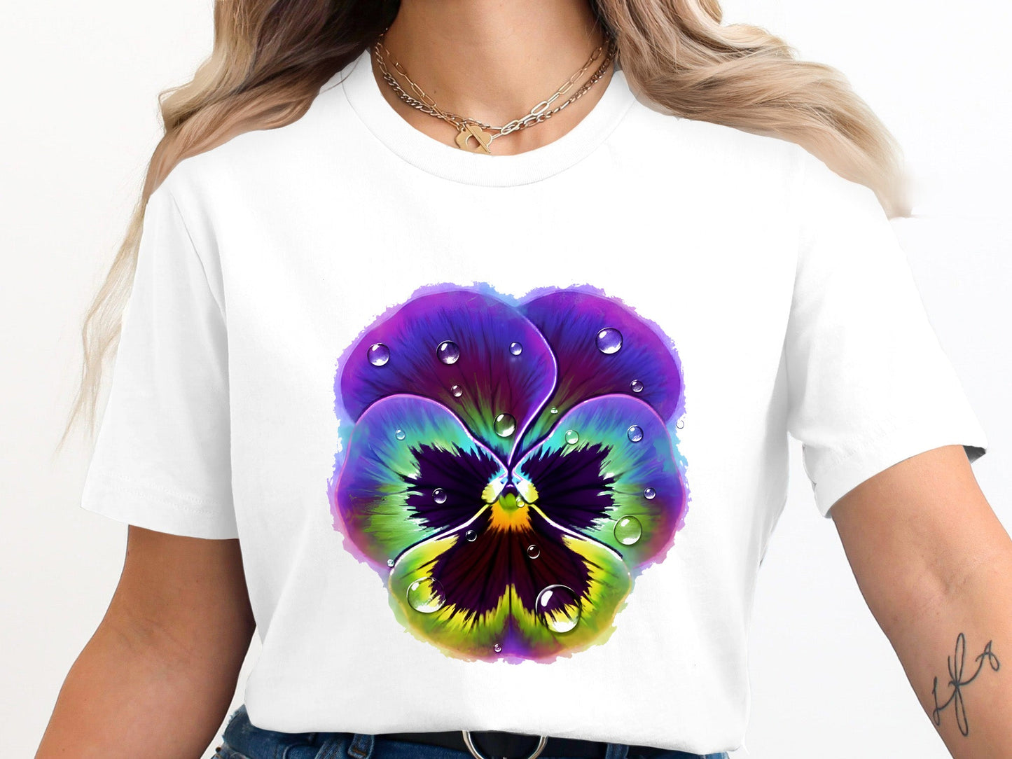 Psychedelic Dew Drops Neon Pansy cotton T-Shirt