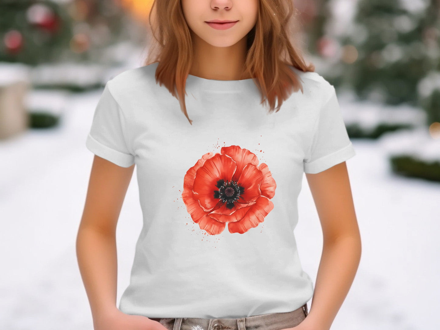 Watercolour Red Poppy Statement White T-Shirt