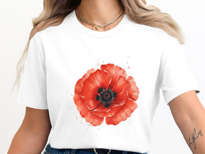 Watercolour Red Poppy Statement White T-Shirt