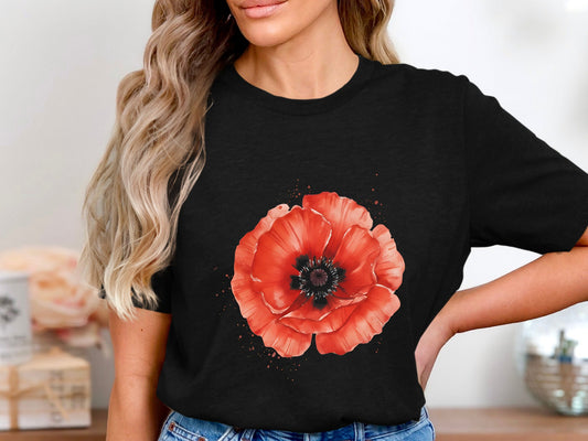 Watercolour Red Poppy Statement White T-Shirt
