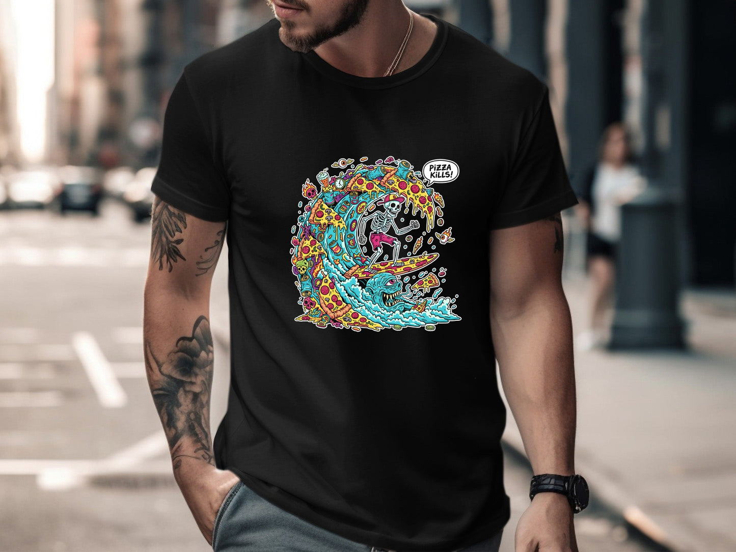 Surfing Skeleton Pizza Wave T-Shirt