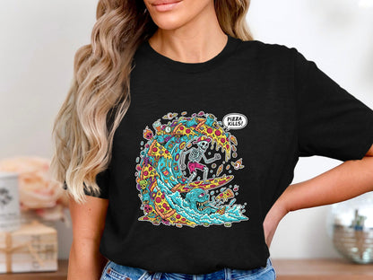 Surfing Skeleton Pizza Wave T-Shirt