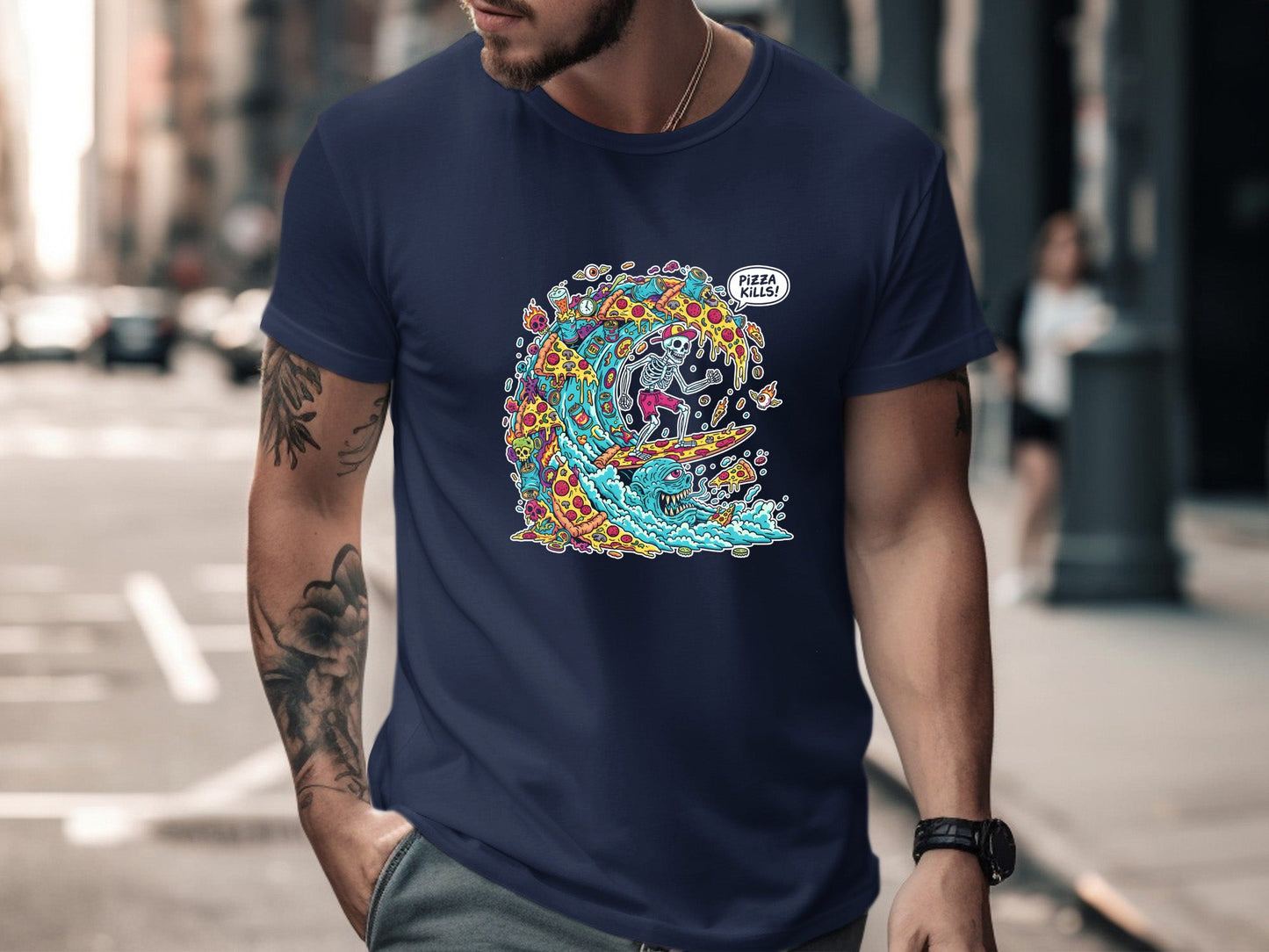 Surfing Skeleton Pizza Wave T-Shirt