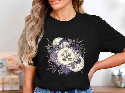 Botanical Astrology Wheel Tee – Mystic Lavender & Flowers T-Shirt