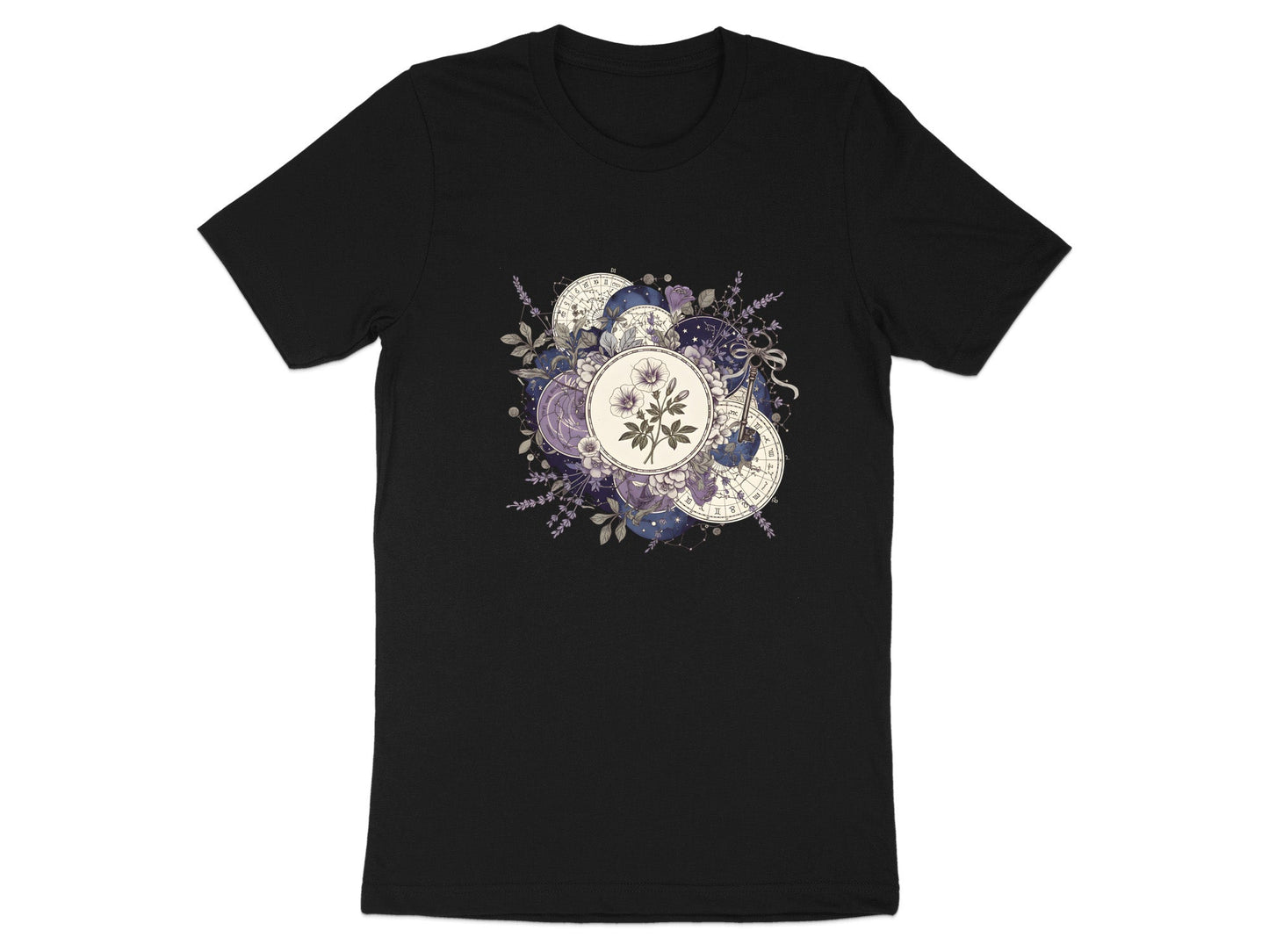 Botanical Astrology Wheel Tee – Mystic Lavender & Flowers T-Shirt