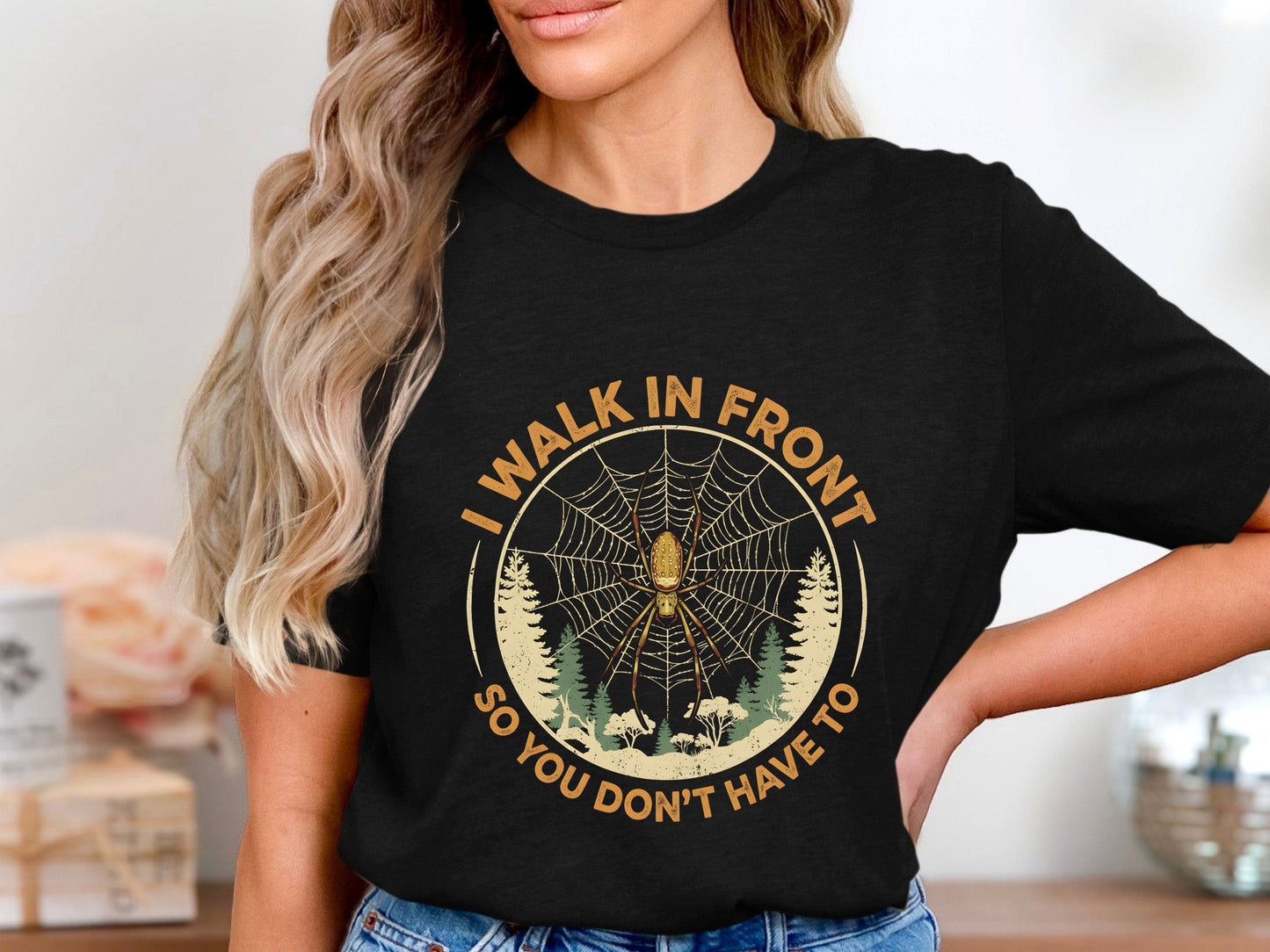 I Walk In Front Spider Web Funny Bushwalking T-Shirt