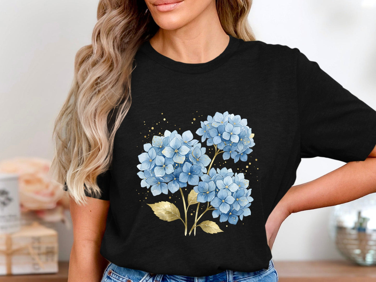 Blue Hydrangea & Gold Leaf t-shirt