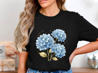 Blue Hydrangea & Gold Leaf t-shirt