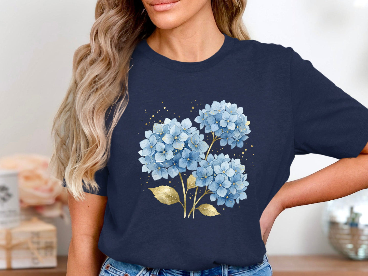 Blue Hydrangea & Gold Leaf t-shirt
