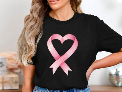 Watercolor Pink Ribbon Heart Graphic Tee