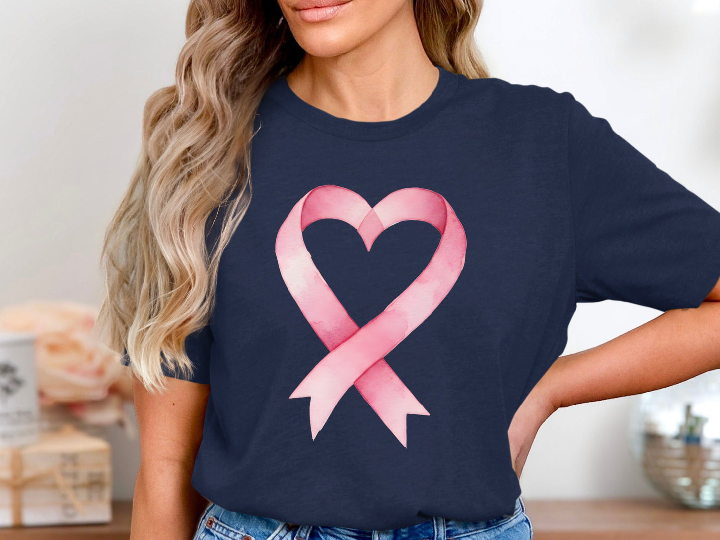 Watercolor Pink Ribbon Heart Graphic Tee