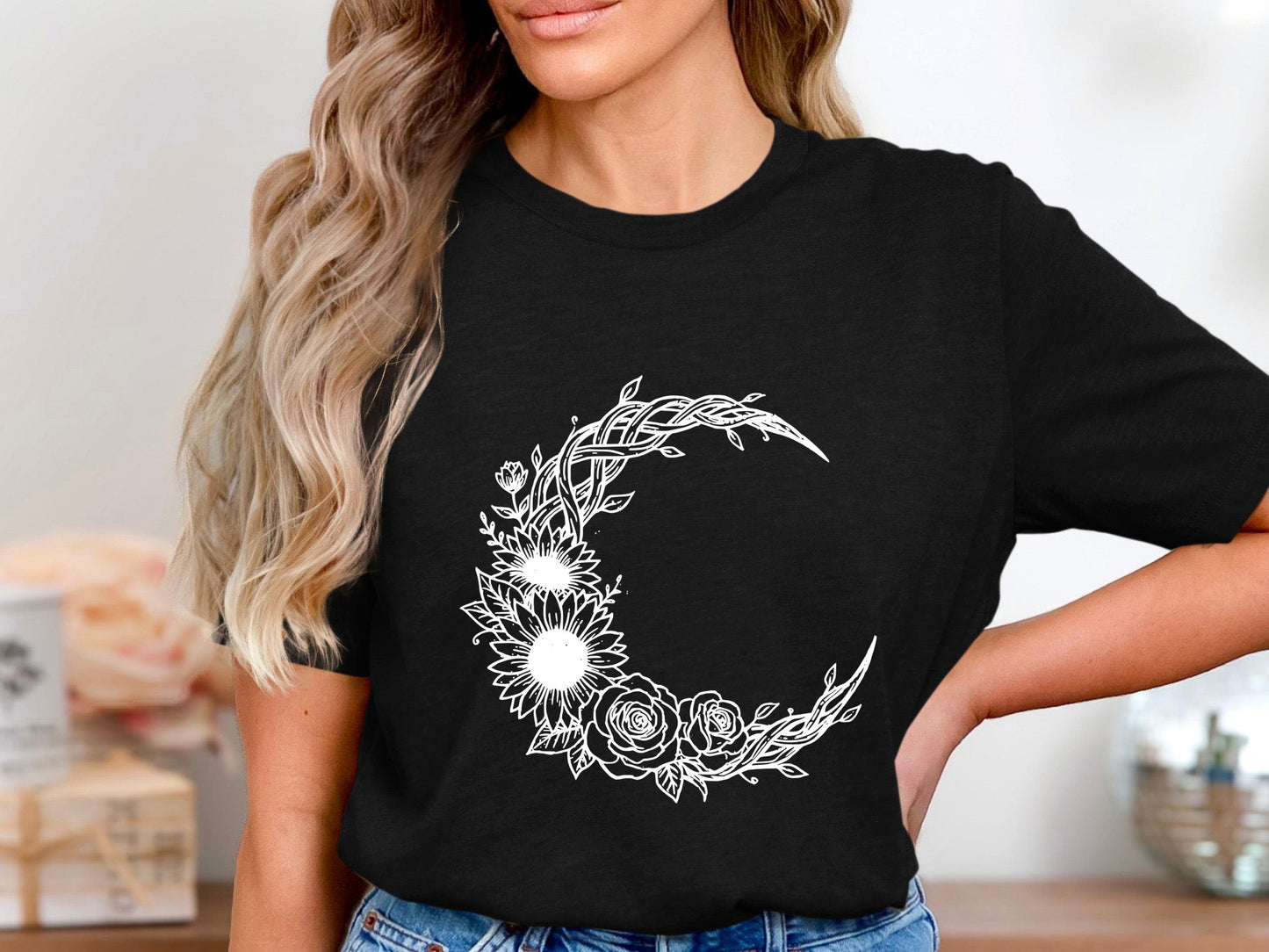 Botanical Moon Wreath Tee – Sunflowers & Roses T-Shirt