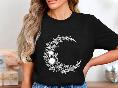 Botanical Moon Wreath Tee – Sunflowers & Roses T-Shirt