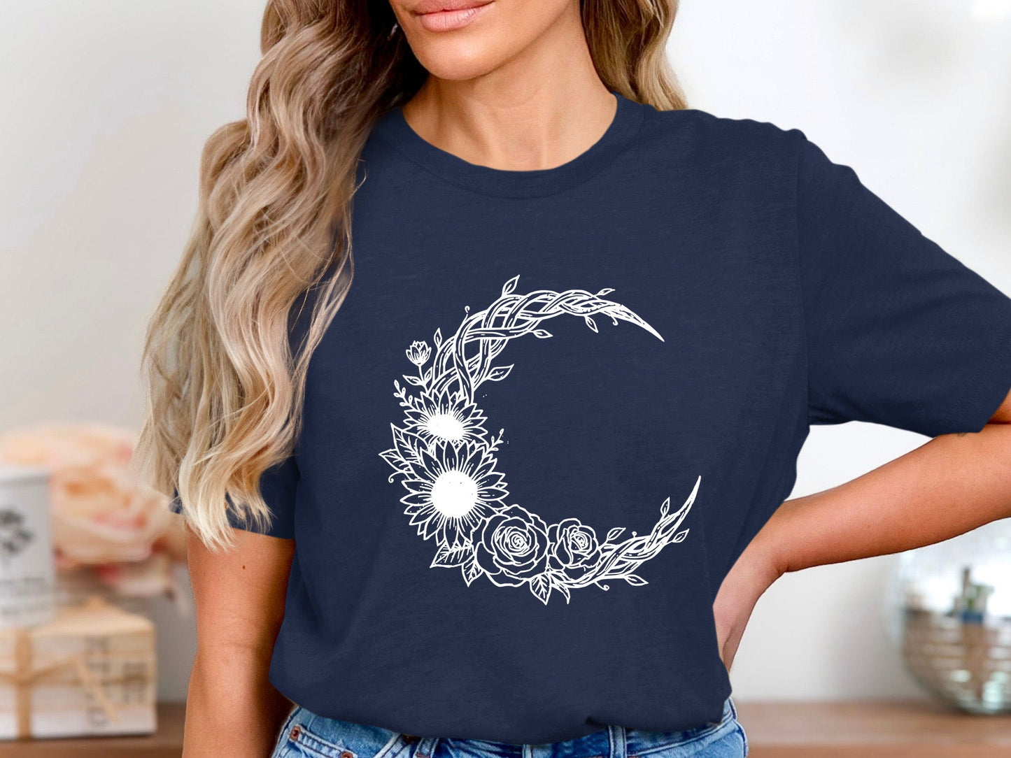 Botanical Moon Wreath Tee – Sunflowers & Roses T-Shirt