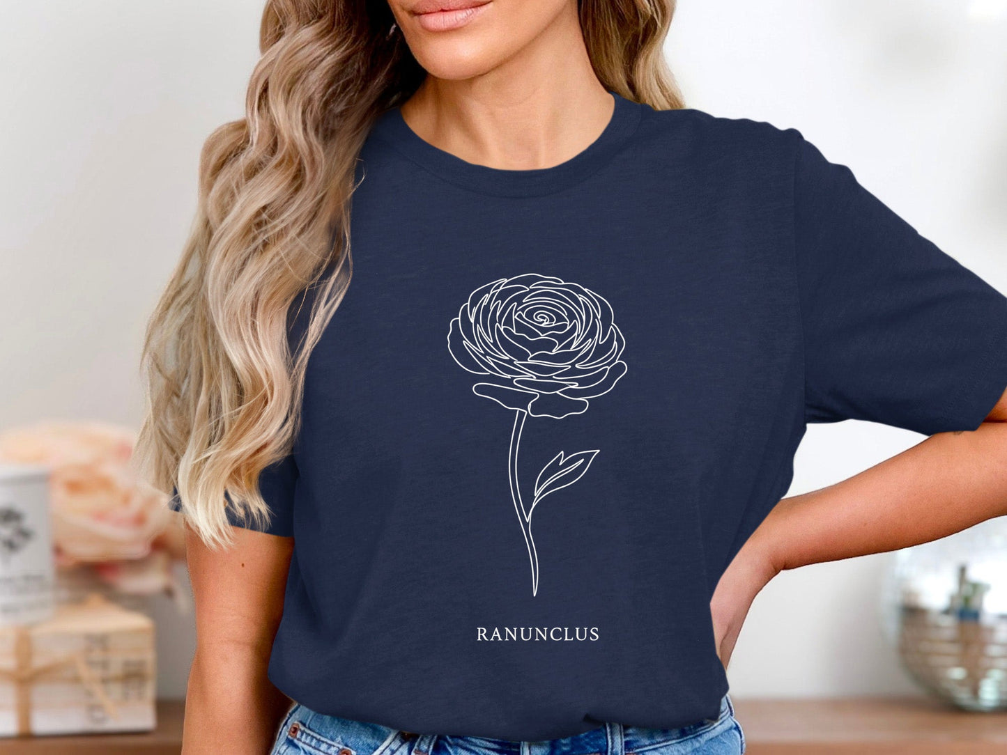 Ranunculus Flower Typography Line Art T-Shirt