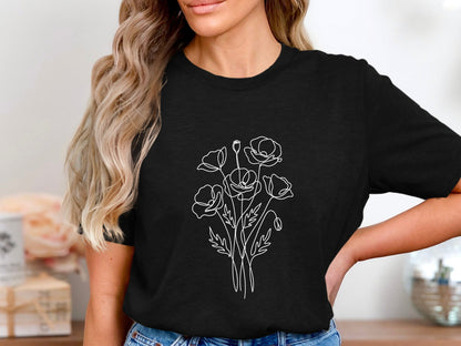 Poppy Bouquet Fine Line Art T-Shirt