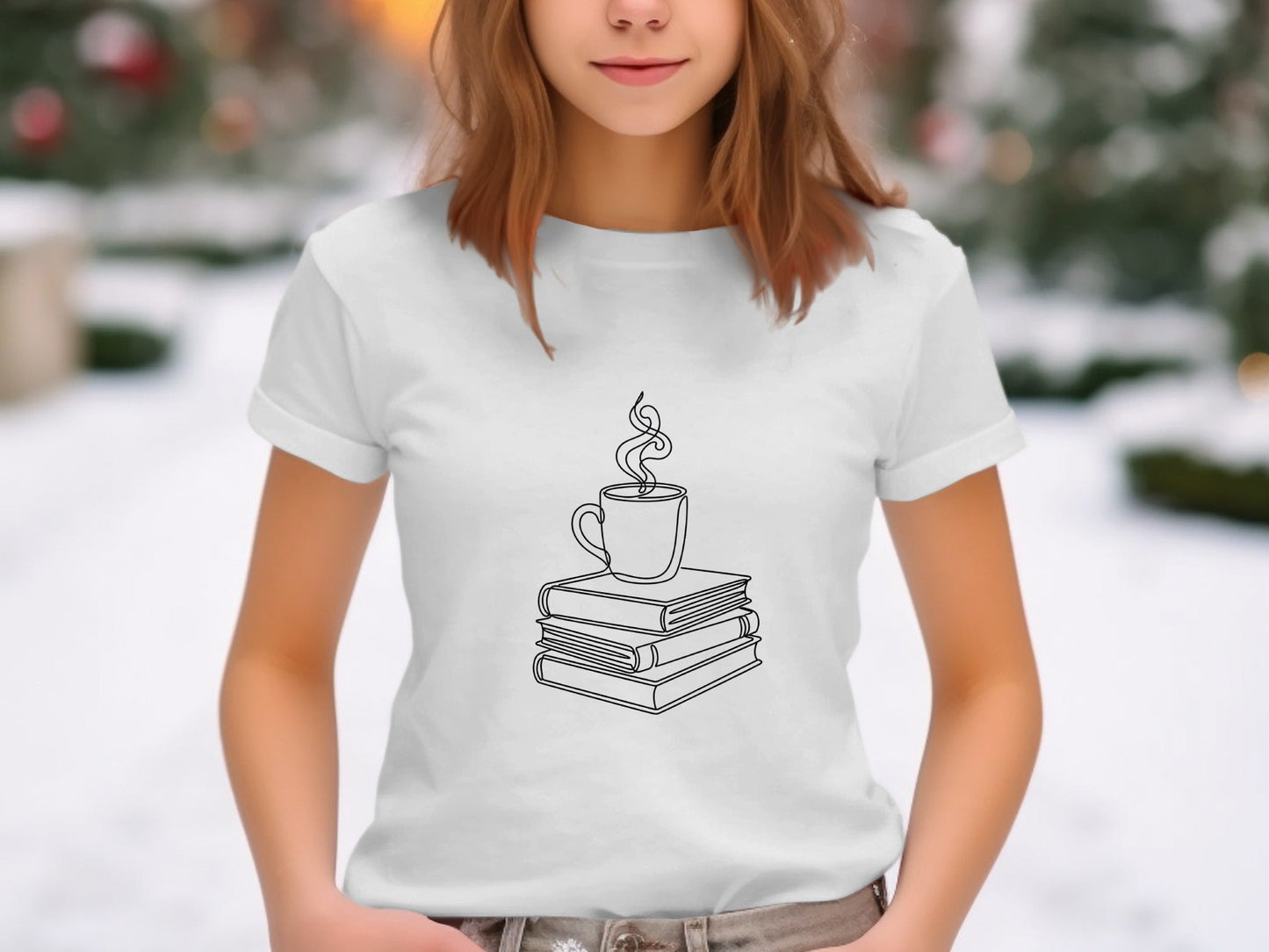Minimalist Book Stack and Coffee Line Art Tee