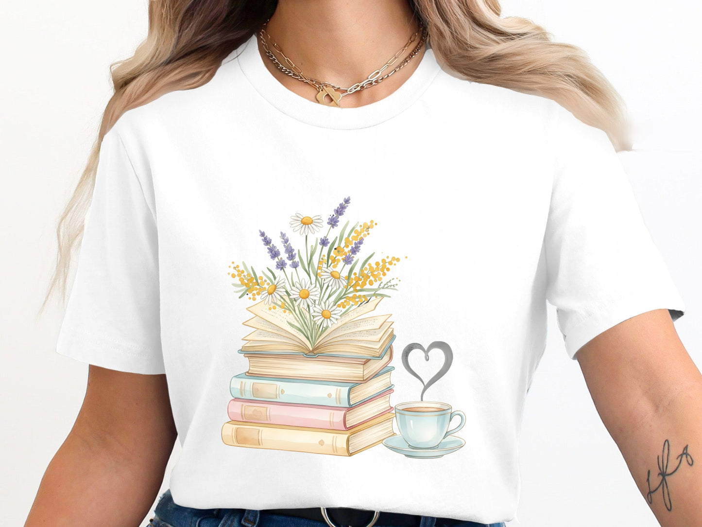 Floral Book Stack and Coffee Heart T-Shirt