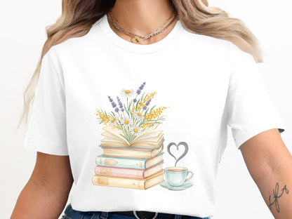 Floral Book Stack and Coffee Heart T-Shirt