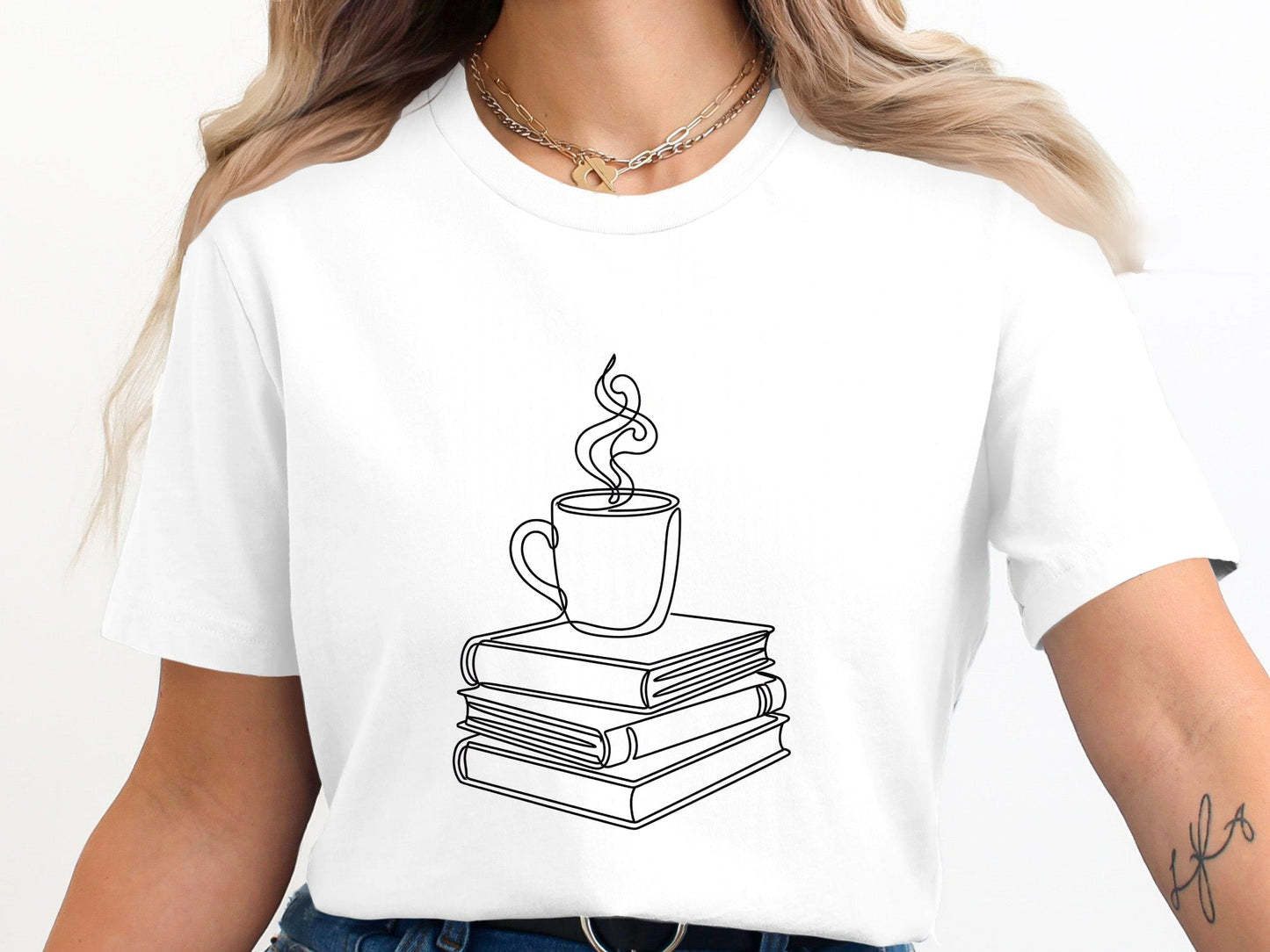 Minimalist Book Stack and Coffee Line Art Tee