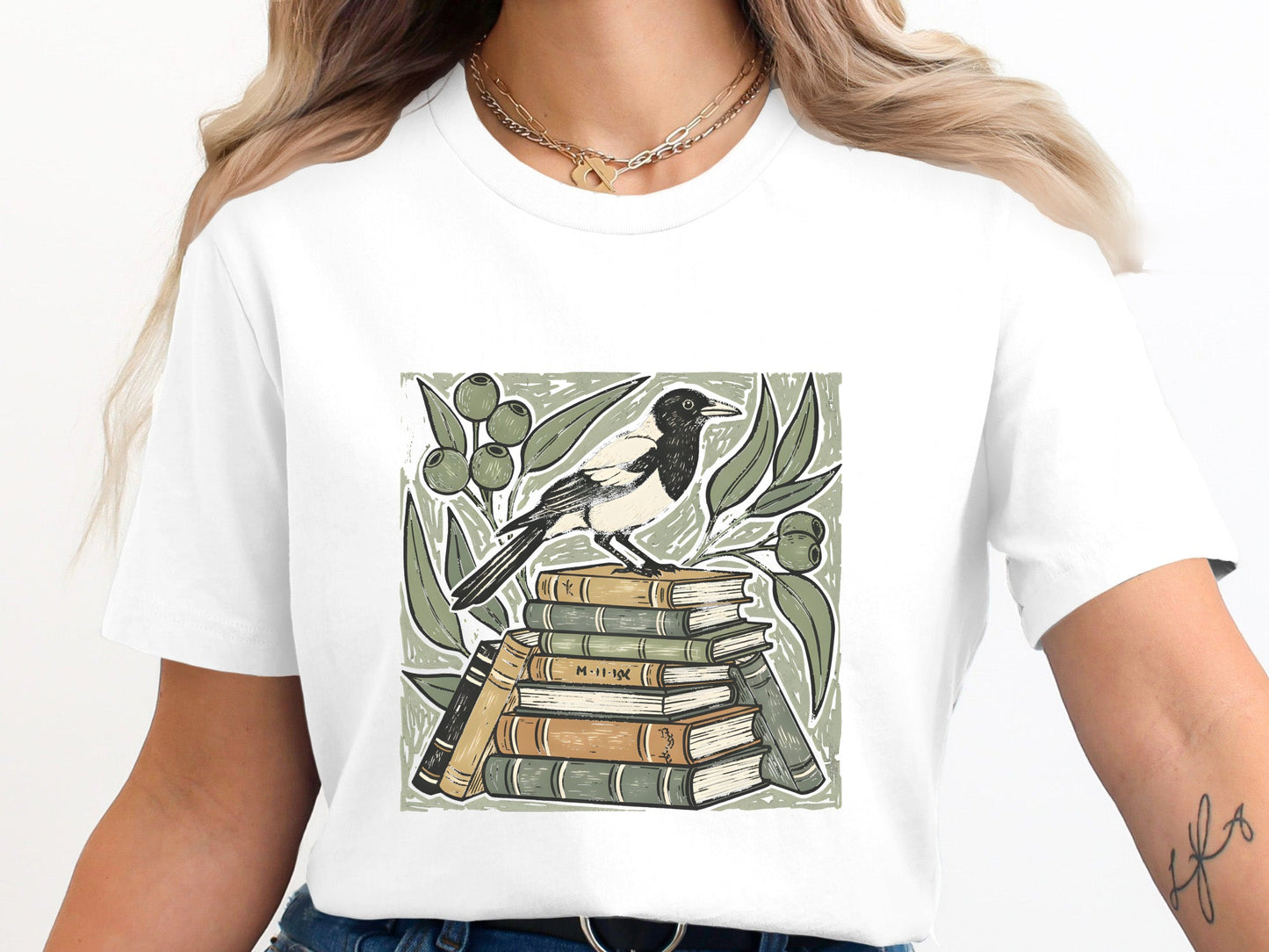 Magpie & Book Stack Linocut Tee
