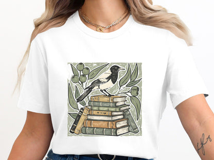 Magpie & Book Stack Linocut Tee